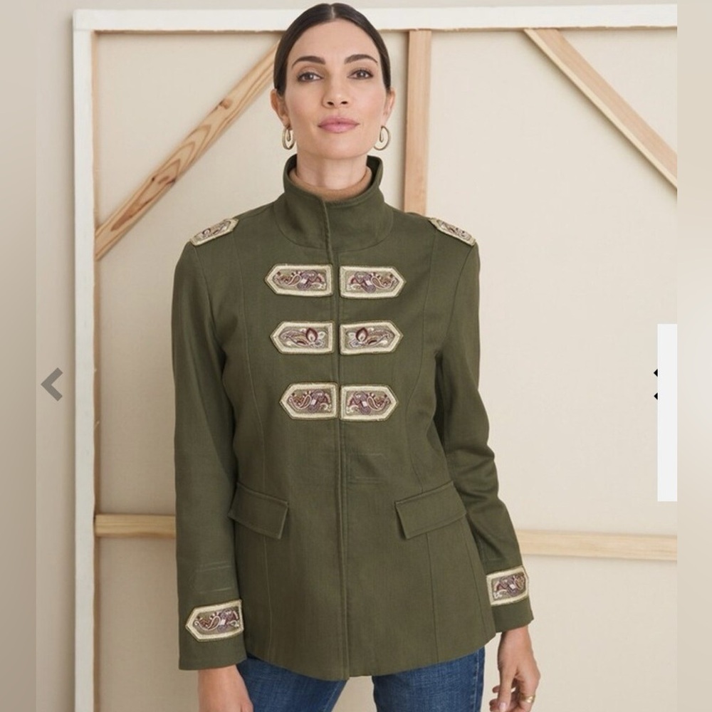 Chico’s Dark Green Embroidery Military Boho Band Free People Style Canvas Jacket